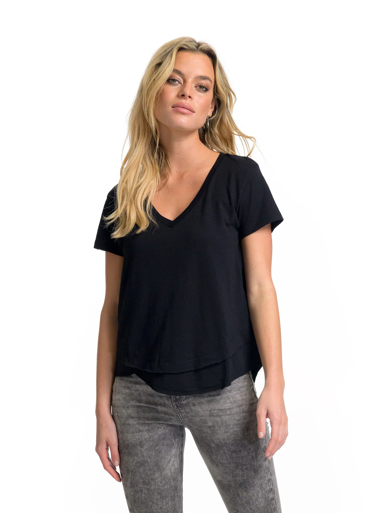 Ava V Neck Mock Layer - Black