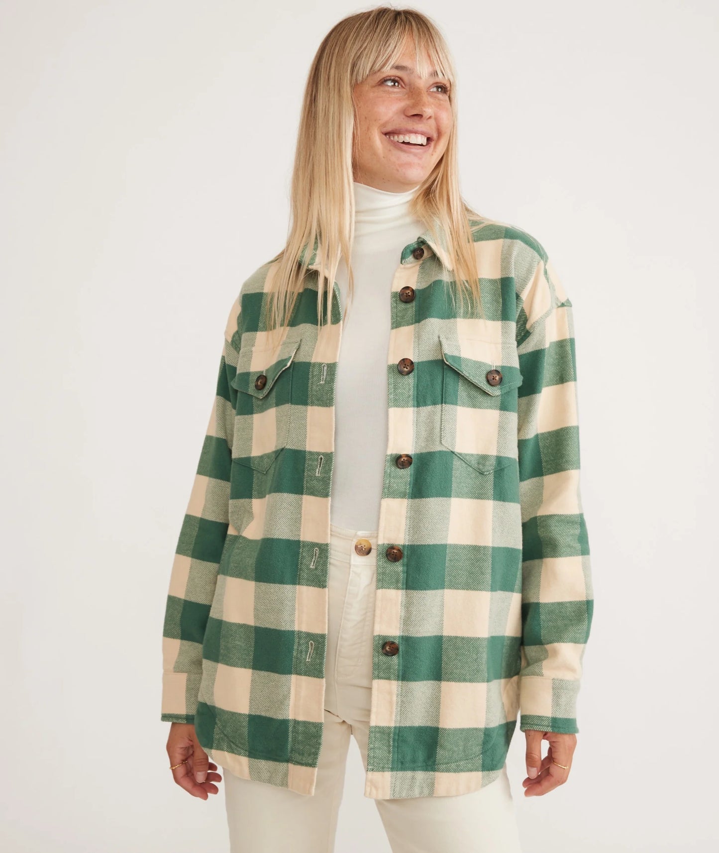 Bailey Flannel Shirt Jacket - Green Cream Buffalo