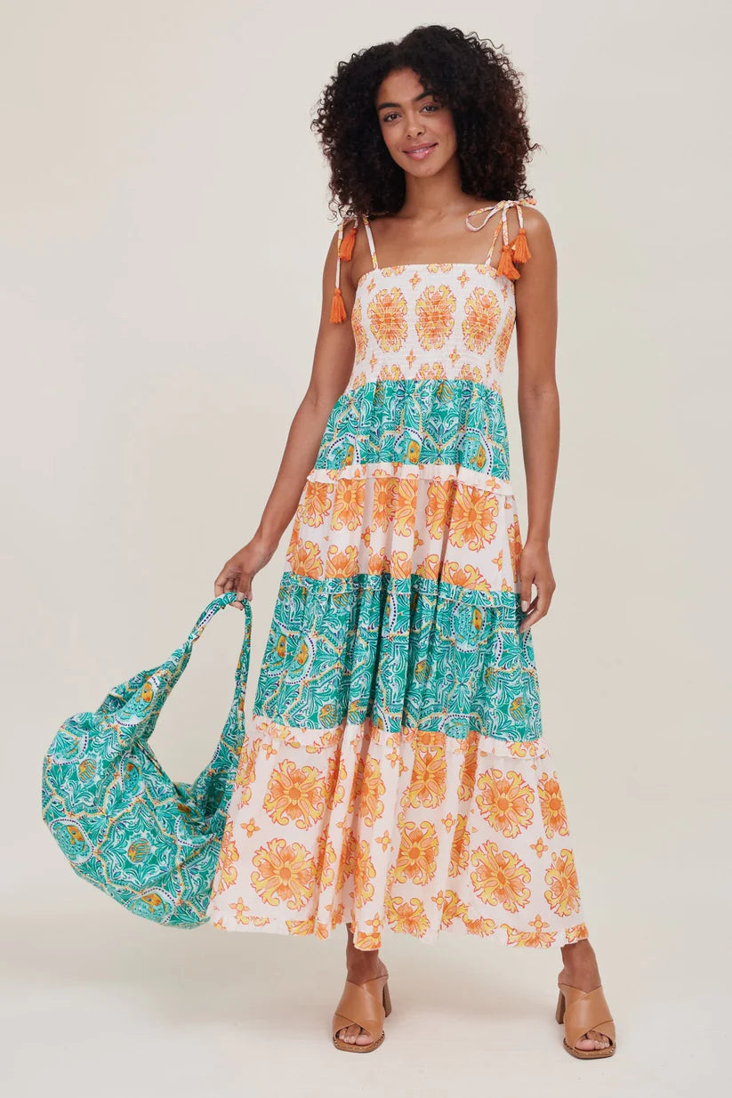 Dianora Smocked Tiered Maxi Dress in Mix Print
