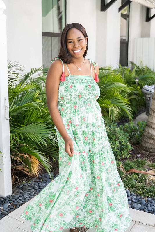 Dianora Smocked Tiered Maxi Dress in Green Majolica